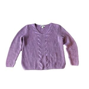 Coldwater Creek Cabled V-Neck Shaker Sweater in frosted orchid. Medium petite
